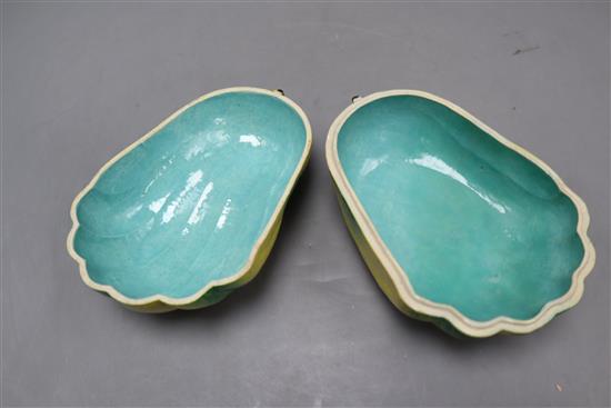 A pair of 19th century Chinese enamelled biscuit bitter melon boxes and covers and a similar model of a pomegranate, largest 15 x 10c